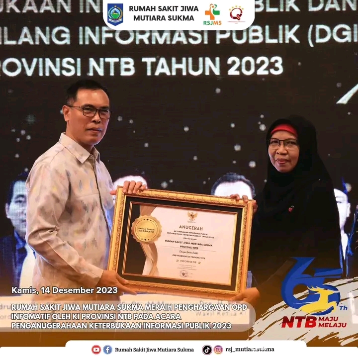 RUMAH SAKIT JIWA MUTIARA SUKMA MERAIH PENGHARGAAN OPD INFORMATIF OLEH KI PROVINSI NTB PADA ACARA PENGANUGERAHAN KETERBUKAAN INFORMASI PUBLIK 2023