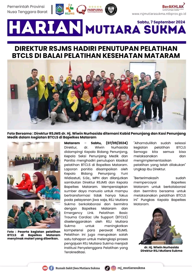 DIREKTUR RSJMS HADIRI PENUTUPAN PELAITHAN BTCLS DI BALAI KESEHATAN MATARAM